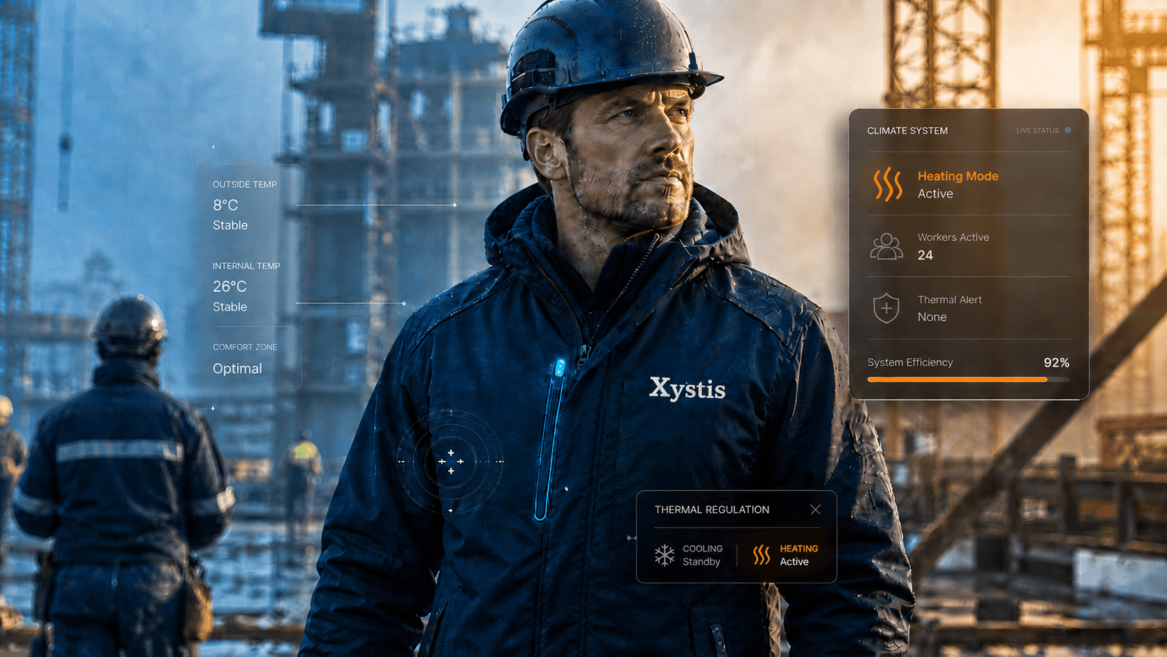 Xystis — worker on jobsite with active climate control overlay