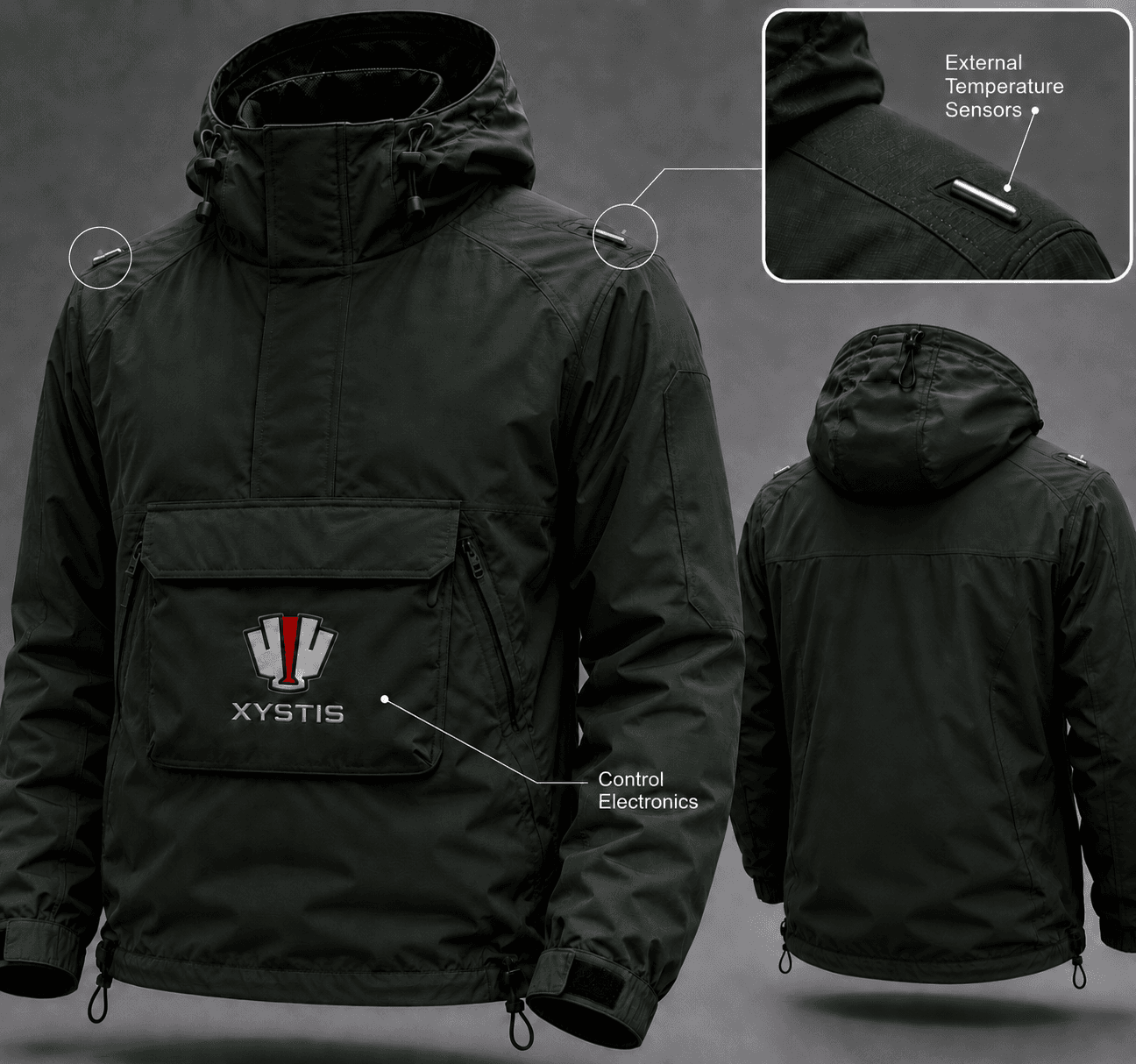 Xystis jacket — external temperature sensors on the shoulder, control electronics in the chest pocket, front and back views